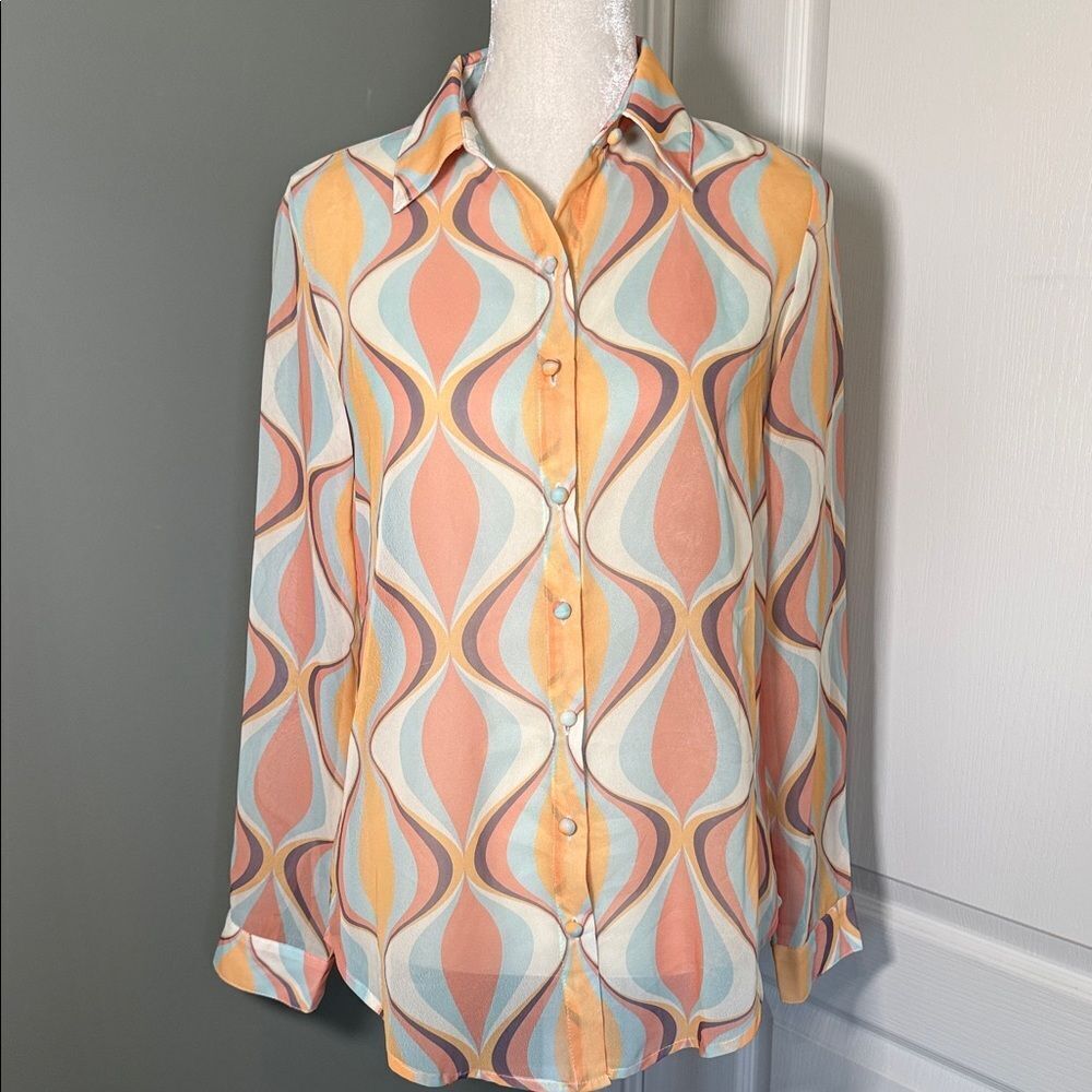 Princess Polly Retro 70s Print Button Down Blouse Sheer Long Sleeve Size 2